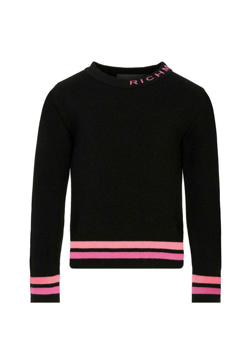 Maglione a maglia nera con collo rotondo, caratterizzato da ricami rosa "RICH" al colletto e accenti a righe rosa sui polsini e sull'orlo.