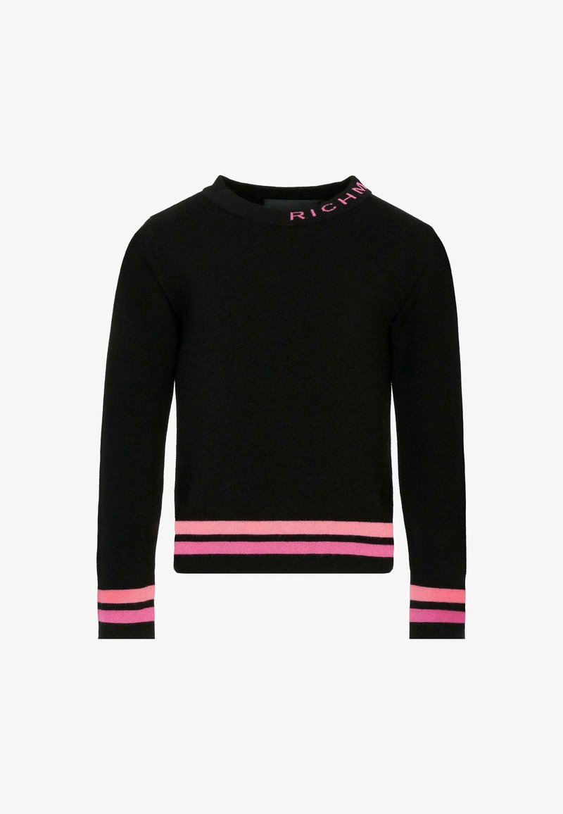 Maglione a maglia nera con collo rotondo, caratterizzato da ricami rosa "RICH" al colletto e accenti a righe rosa sui polsini e sull'orlo.