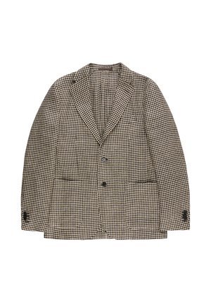 Blazer da uomo marrone e nero con motivo pied-de-poule, due bottoni frontali e due tasche inferiori, disteso su uno sfondo bianco.