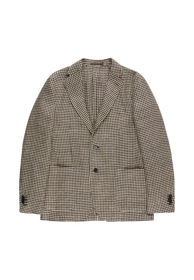 Brauner und schwarzer Herren-Blazer mit Hahnentrittmuster, zwei vorderen Knöpfen und zwei unteren Taschen, flach auf weißem Hintergrund liegend.