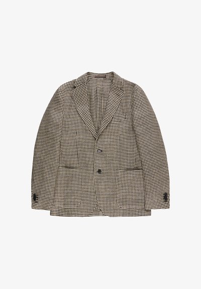 Brauner und schwarzer Herren-Blazer mit Hahnentrittmuster, zwei vorderen Knöpfen und zwei unteren Taschen, flach auf weißem Hintergrund liegend.
