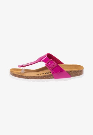 Sandalia tipo tanga rosa con plantilla de corcho, tira ajustable con hebilla y suela de goma blanca vista de perfil.
