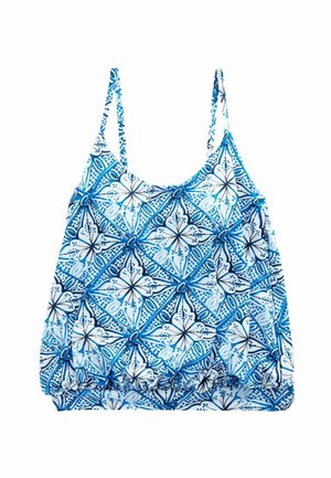 Blaue und weiße tanktop mit floralem Muster. Mit dünnen Schulterträgern, lockerer Passform und gerafftem Saum für zusätzliches Volumen.