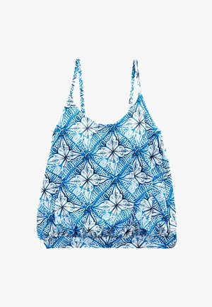 Blaue und weiße tanktop mit floralem Muster. Mit dünnen Schulterträgern, lockerer Passform und gerafftem Saum für zusätzliches Volumen.