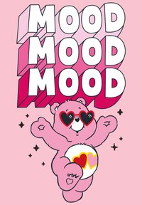 Ours rose portant des lunettes de soleil en forme de cœur, avec le texte "MOOD" en gras blanc et des couches roses derrière. Le ventre de l'ours présente des cœurs en rouge, rose et jaune.