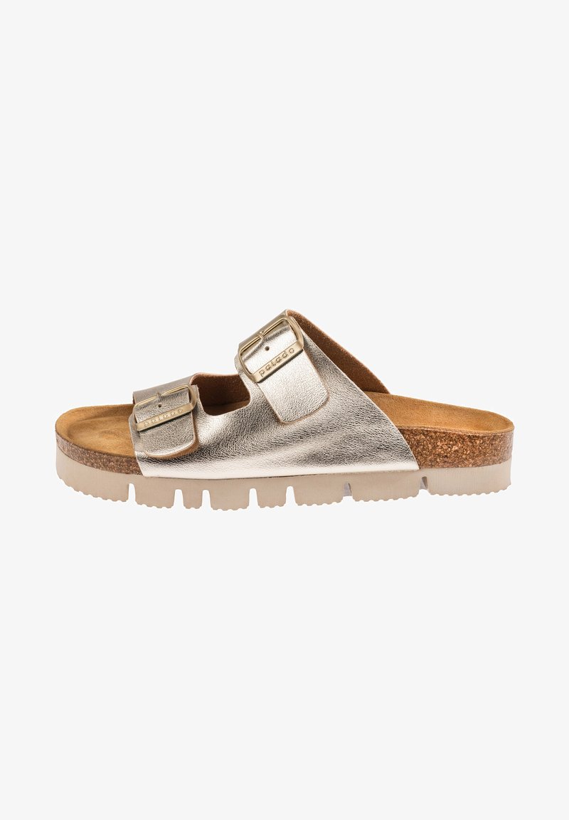 Infradito in oro metallico con doppia fibbia, dotate di una soletta in sughero, parte superiore testurizzata e una suola spessa in gomma progettata per comfort e durata.