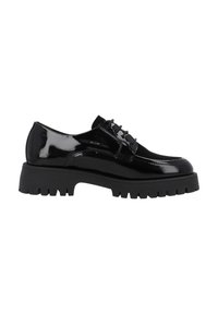 Scarpe in vernice nera con suola in gomma spessa, design con lacci, punta rotonda e superficie liscia. Minimaliste con un robusto motivo di presa.