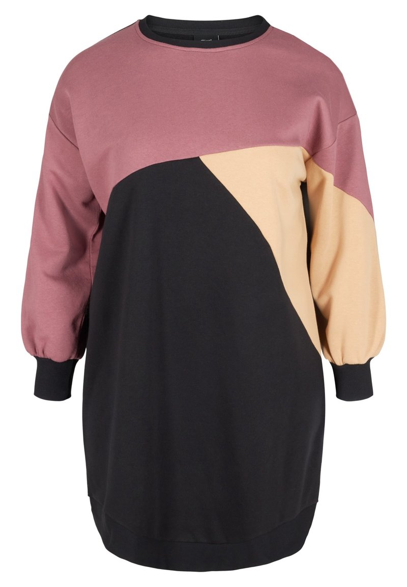 Abito felpa color block in morbido cotone; presenta tonalità di malva, beige e nero con maniche lunghe e polsini a costine.