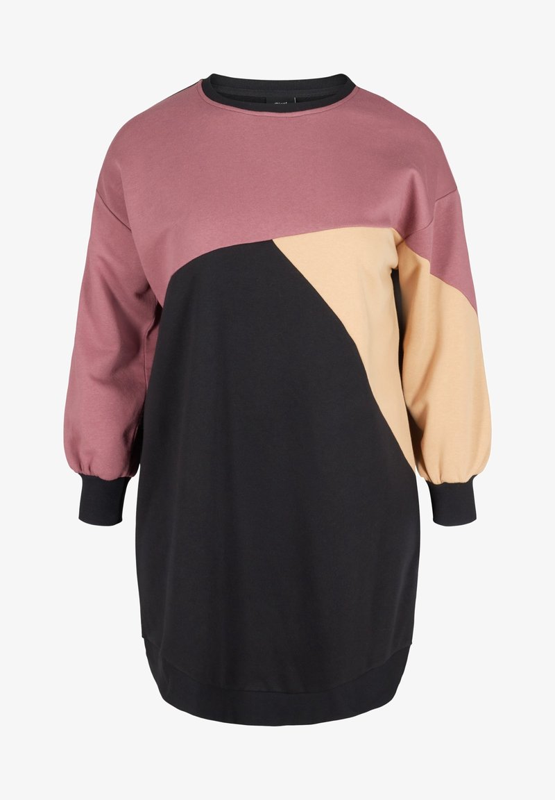 Vestido sudadera en bloques de color hecho de suave tela de algodón; presenta tonos de malva, beige y negro con manga larga y puños acanalados.
