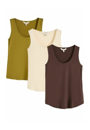 Tre ærmeløse tanktops med rund halsudskæring i olivengrøn, creme og mørkebrun, der overlapper hinanden på en hvid baggrund.