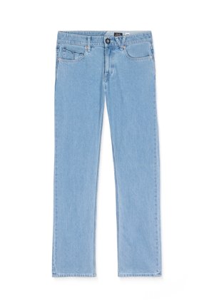 Ljusblå denimjeans med rak bendesign, iögonfallande fickor fram, knappstängning och synliga sömnadsdetaljer.