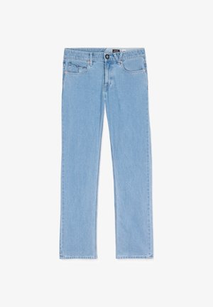 Ljusblå denimjeans med rak bendesign, iögonfallande fickor fram, knappstängning och synliga sömnadsdetaljer.