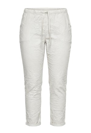 Hellbeige Freizeithose mit elastischem Bund, Kordelzug, Seitentaschen und leicht umgeschlagenen Bündchen, vor weißem Hintergrund gezeigt.