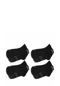 Schwarze Baumwollsocken, Packung mit vier Paaren, Größe 43-46. Merkmale umfassen gerippte Bündchen und minimales Logo-Design. Glatte Textur, standardmäßiges sportliches Design.