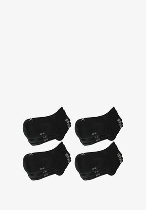 Black cotton socks, pack of four, size 43-46. Features include ribbed cuffs and minimal logo detailing. Smooth texture, standard athletic design.