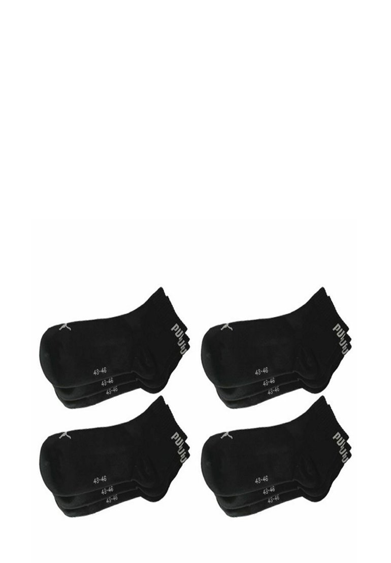 Schwarze Baumwollsocken, Packung mit vier Paaren, Größe 43-46. Merkmale umfassen gerippte Bündchen und minimales Logo-Design. Glatte Textur, standardmäßiges sportliches Design.