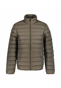 Puffertjakke i olivengrøn, med høj krave, frontlynlås og quiltet design med vandrette rum. Letvægtsmateriale.