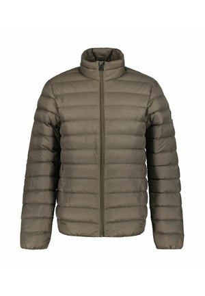 Giacca imbottita verde oliva, con colletto alto, zip frontale e design trapuntato con scomparti orizzontali. Materiale leggero.