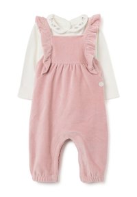 Maglietta bianca a maniche lunghe per neonati con colletto ricamato abbinata a salopette a righe rosa con volant.