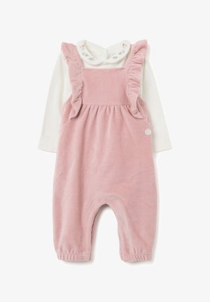 Witte lange mouw babytop met geborduurd kraagje, gecombineerd met roze corduroy salopette met ruffles voor baby's.