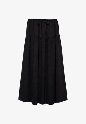 Sort midi-nederdel med elastisk talje og snor. Lavet af letvægtsstof med en tekstureret overflade og flydende form.