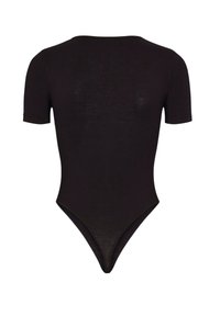 Zwart kortmouwige bodysuit met een gladde textuur, ronde halslijn en hoge slip, ontworpen voor een strakke pasvorm.