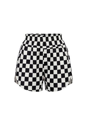 Czarno-białe szorty w kratę z elastycznym pasem i bocznymi kieszeniami, zaprojektowane do noszenia na co dzień.