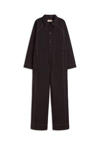Czarny kombinezon wykonany z trwałej tkaniny, z zapinanym na guziki przodem, ostrym kołnierzem, długimi rękawami oraz kontrastującym białym przeszyciem na szwach.