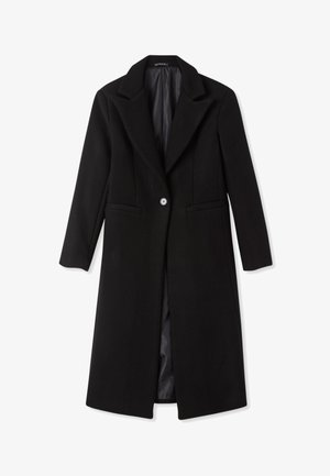 Cappotto lungo nero in lana con rever a incavo, bottone singolo frontale, tasche laterali e fodera interna in satin.