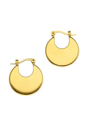 Paar glänzende goldene Creolen mit flachen, halbmondförmigen Anhängern und Scharnierbügel-Verschlüssen auf weißem Hintergrund.