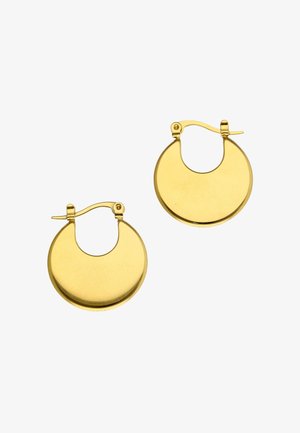 Set glanzende gouden oorbellen met platte, maansikkelvormige hangers en scharnierende sluitingen op een witte achtergrond.