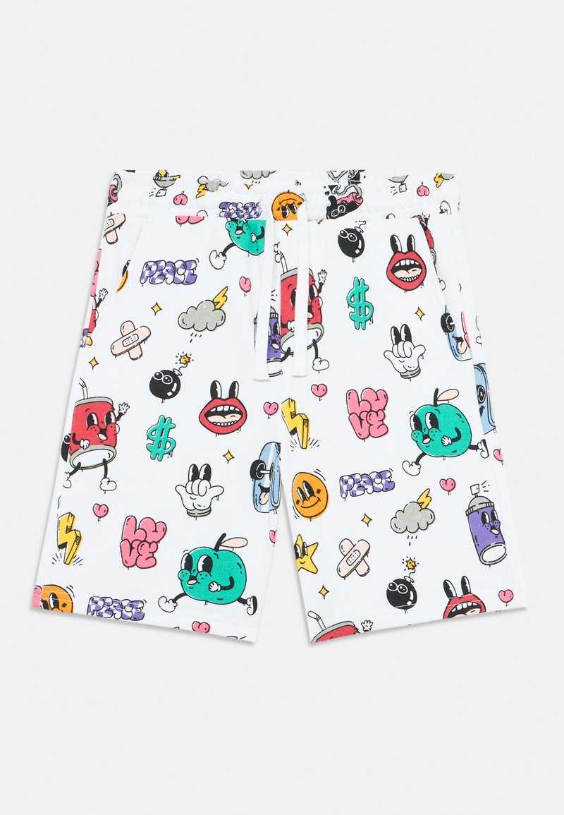 Shorts blancs ornés d'un motif coloré et cartoon de visages, cœurs et symboles. Taille élastique avec cordon de serrage pour un ajustement ajustable.