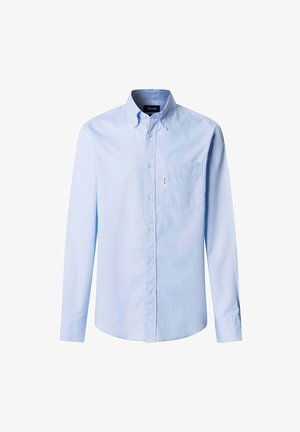 Camicia a maniche lunghe celeste in cotone, con colletto button-down, taschino e orlo arrotondato. Design classico con bottoni bianchi.