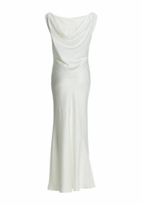 Robe de soirée blanche avec un col bénitier drapé, un corsage ajusté et une jupe évasée. Confectionnée en tissu lisse et léger.