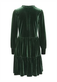 Tume roheline sametkleit pikkade puhvärvlitega, volangkaelusega ja kihilise hemline'iga. Pehme tekstuur, ulatub keskmise reieni.
