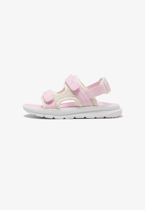 Sandalo per bambino con cinturini rosa, lati in mesh beige, soletta rosa imbottita e suola bianca spessa vista di lato.