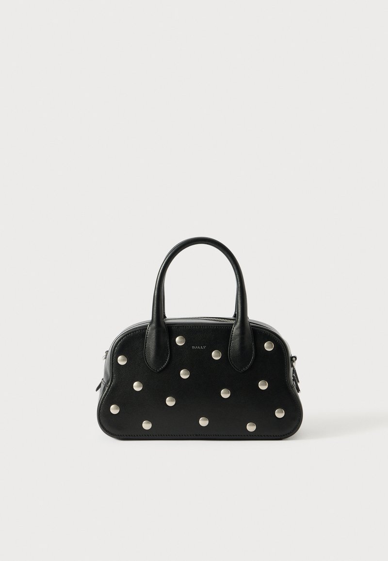 Black leather handbag with rounded shape, featuring silver studs evenly spaced across the front, dual handles, and a zip closure.