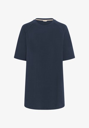 Marineblauwe T-shirt met korte mouwen, gemaakt van zachte, lichte stof. Beschikt over een ronde halslijn en een ontspannen pasvorm met raglanmouwen.