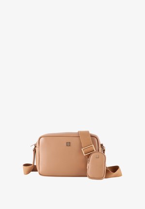 Braune Leder-Umhängetasche mit texturiertem Finish, ausgestattet mit einem Hauptreißverschlussfach und einem abnehmbaren kleinen Täschchen an einem Stoffriemen.