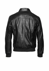Zwarte leren jas in bomberstijl, met ribgebreide manchetten en zoom, een gladde textuur en een minimalistisch ontwerp zonder zichtbare hardware.