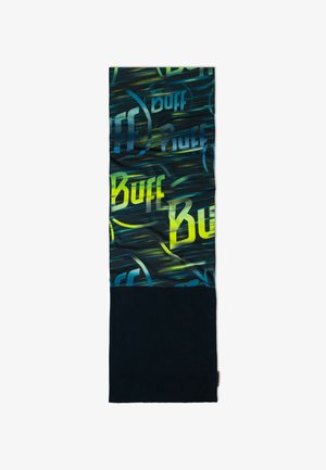 Tubo de cuello multifuncional en tela elástica, con un patrón de logo azul y amarillo en la parte superior y una sección inferior de forro polar negro sólido.