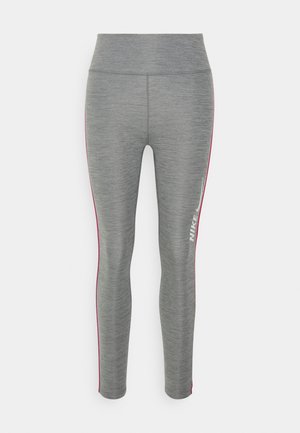 Gray leggings with a textured finish, featuring pink side stripes and a white Nike logo on the lower left leg.