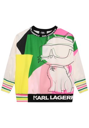 Bunter Pullover mit einer Katzengrafik in schwarzer Umrandung, aus leichtem Stoff mit einem mehrfarbigen abstrakten Design. Mit gerippten Bündchen.