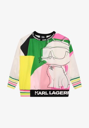 Suéter colorido con un gráfico de gato en contorno negro, hecho de una tela ligera con un diseño abstracto multicolor. Puños acanalados.