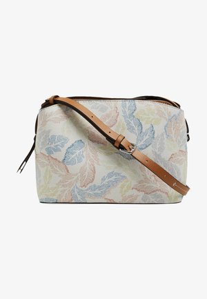 Sac à main à motif floral avec un extérieur en tissu beige et des motifs de feuilles bleues, roses et jaunes. Bandoulière en cuir marron et fermeture éclair.