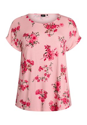Rosa T-Shirt mit kurzen Ärmeln aus weichem Stoff, mit einem lebendigen Blumenmuster in verschiedenen Pink- und Grüntönen.
