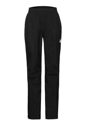 Zwarte rechte broek met elastische tailleband, klein wit logo op de rechterdij, ontworpen voor outdoor of casual gebruik.