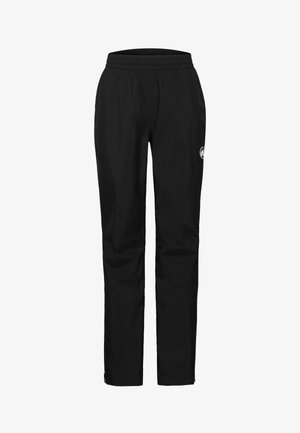 Zwarte rechte broek met elastische tailleband, klein wit logo op de rechterdij, ontworpen voor outdoor of casual gebruik.