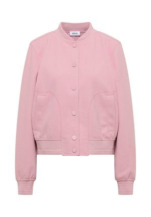 Giubbotto bomber rosa chiaro con colletto rotondo, chiusura frontale con bottoni, due tasche laterali e polsini e orlo elasticizzati. Tessuto morbido.
