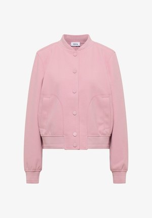 Veste bomber rose clair avec un col rond, fermeture à boutons sur le devant, deux poches latérales et poignets et ourlet élastiqués. Texture de tissu douce.